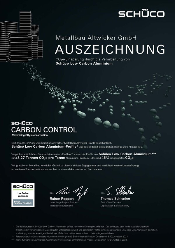AUSZEICHNUNG ppa. ppa. CO2e-Einsparung durch die Verarbeitung von Schüco Low Carbon Aluminium